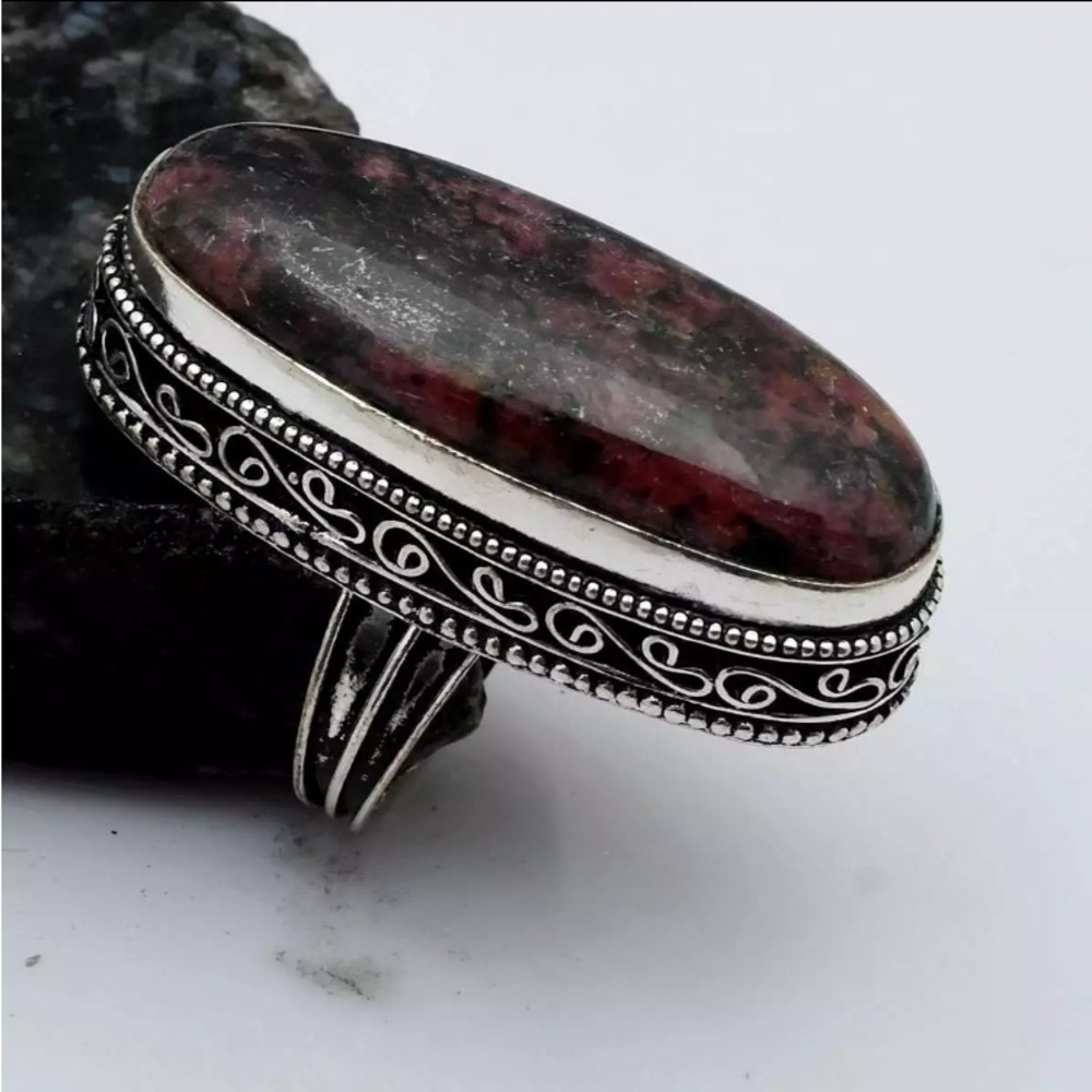 Rhodonite Gemstone Ethnic Antique Design Ring Size-7.25 Handcrafted In India NWT
